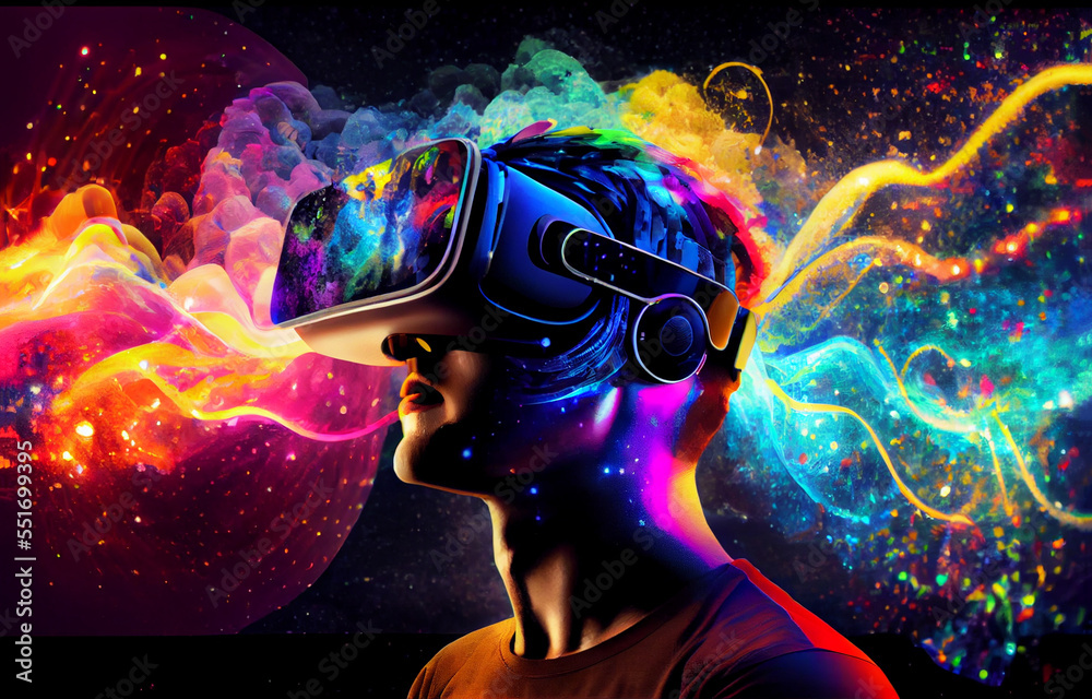 A person in a futuristic virtual reality headset, surrounded by a sea of vibrant data and sensory stimuli, interactting with a virtual reality environment that has been designed to simulate the brain A person in a futuristic virtual reality headset, surrounded by a sea of vibrant data and sensory stimuli, interactting with a virtual reality environment that has been designed to simulate the brain