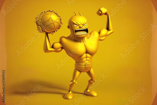Basketball wielding mascot figure holding a golden trophy on a yellow background.. Generative AI