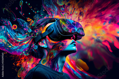 A person in a futuristic virtual reality headset, surrounded by a sea of vibrant data and sensory stimuli, interactting with a virtual reality environment that has been designed to simulate the brain 