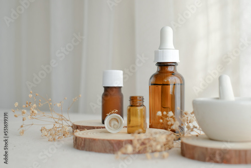 Skin care, product, and packaging with wooden decoration.