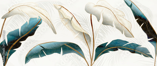 Luxury art background with tropical palm leaves in blue and white with golden art line. Botanical banner with exotic plants for wallpaper, print, interior design, textile, packaging.