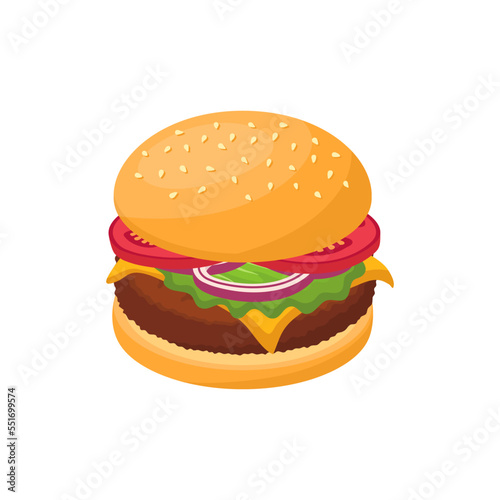 Burger isometric design. Vector cheeseburger buns with beef, onions, tomato, cheese and lettuce ingredients. Fast food vector illustration