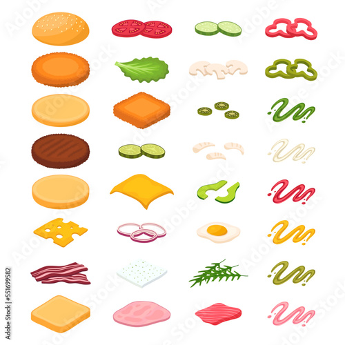 Burger constructor. Sandwich ingredients set. Fast food restaurant website menu. Isometric bun, bread slice, vegetables, meat and fish, sauce food. Tomatoes, mustard and cheese, beef, salmon, lettuce