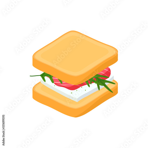 Isometric sandwich with cottage cheese, salmon, arugula ingredients. Bread with fish snack, Fast food vector illustration