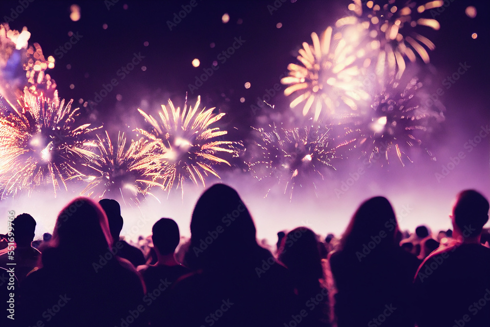 Naklejka premium Crowd watching Fireworks, Made by AI, Artificial Intelligence