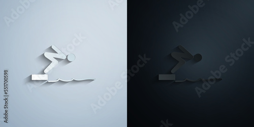 Swimmer jumping from starting block in pool paper icon with shadow vector illustration