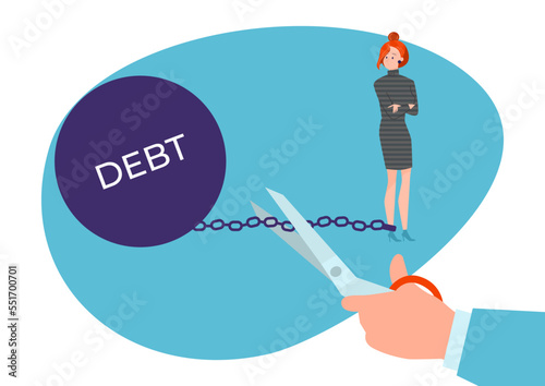 Tableau sur toile Banking debt burden chain debtor woman character, hand hold scissors help repay money loan flat vector illustration, isolated on white