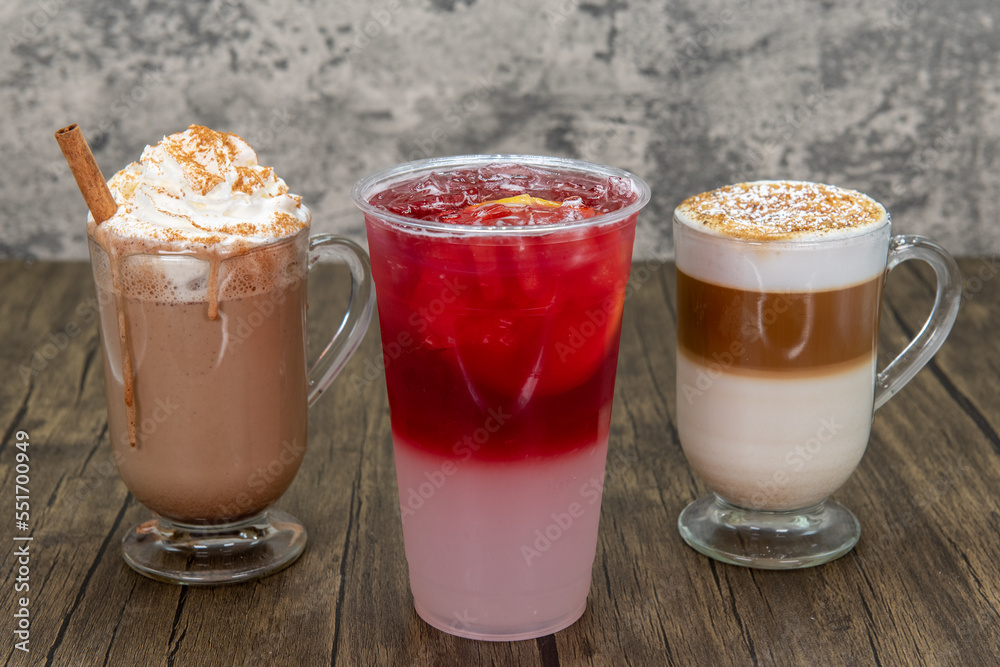 Tempting choices of beverages ranging from chocolate mocha or vanilla latte topped with whipped cream or a sweet lemonade to drink Tempting choices of beverages ranging from chocolate mocha or vanilla latte topped with whipped cream or a sweet lemonade to drink