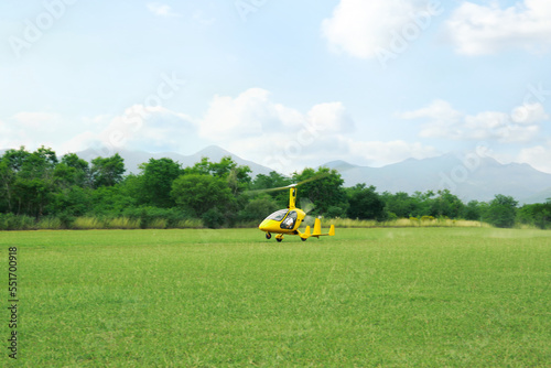 Murais de parede Yellow rotorcraft on grass near trees outdoors