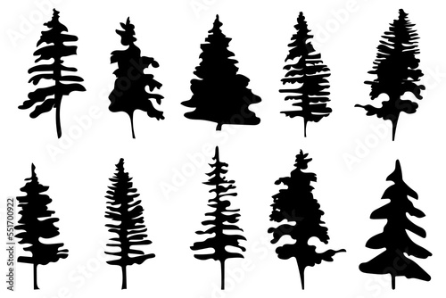Watercolor christmas tree icons brush. Line art. Holiday card design. Vector illustration. Stock image.