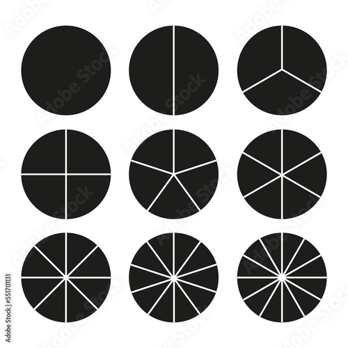Black circles sectors set. Round shape. Information sign business concept. Vector illustration. stock image. 