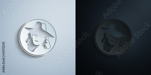 detective woman stamp black and white illustration paper icon with shadow vector illustration