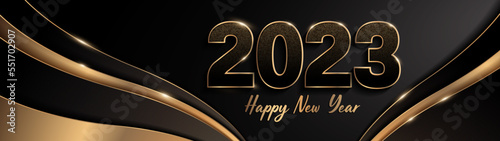 happy new year 2023 luxury black gold color background, golder dot and line  image abstract, overlap layer shadow gradients, composition, square size for banner, template design