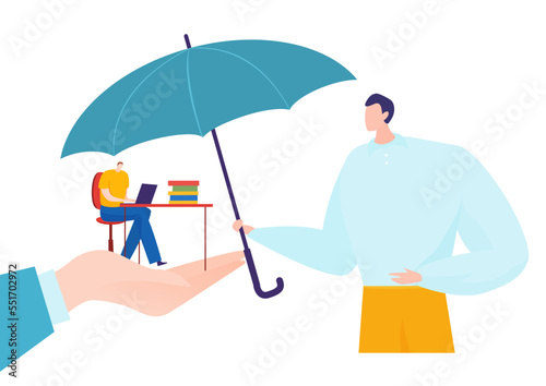 Big boss team leader hold umbrella, tiny office character employee good work condition flat vector illustration, isolated on white.