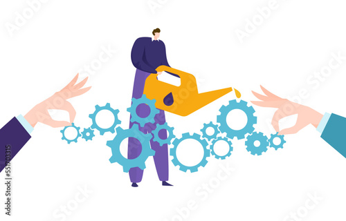 Engineer tiny male hold canister automobile oil and engine repair gear, man hand hold pinion flat vector illustration