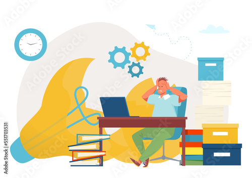 Office clerk male character stress fail business work, concept time management deadline flat vector illustration, isolated on white.