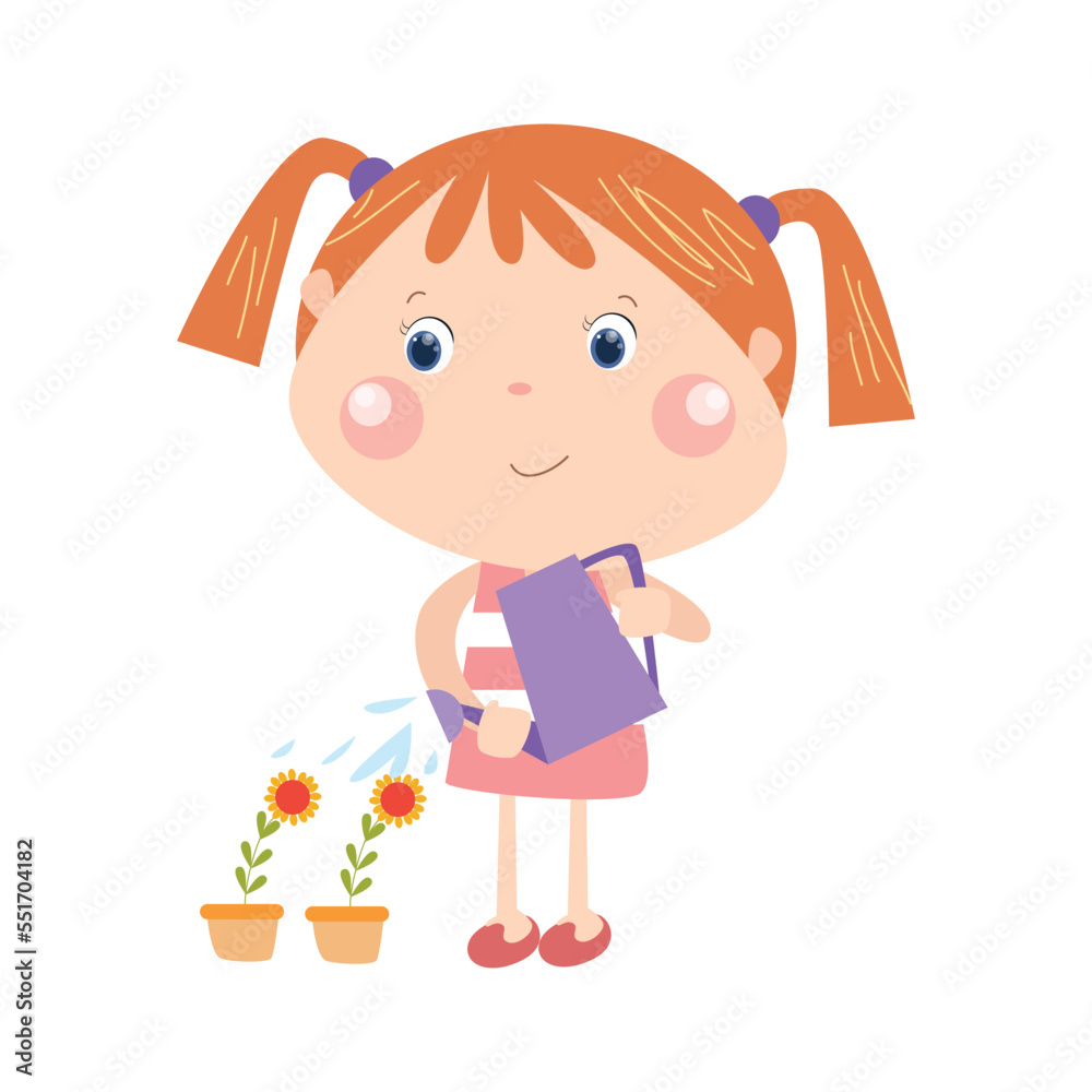 Cute little girl watering plants