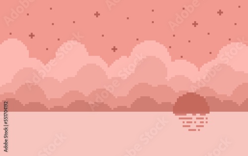 Pixel art of pink sky with stars, moon and gradient clouds at sea, can be used for wallpaper or background. 