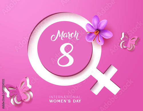 Women's day signage vector design. International women's day march 8 text with woman sign and symbol in pink background. Vector Illustration. 