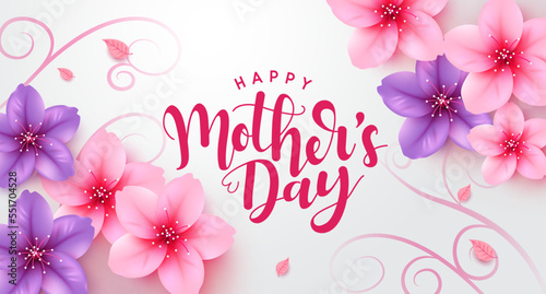 Happy mother's day text vector design. Mother's day postcard and greeting card with cherry blossom elements for international holiday celebration. Vector Illustration.
