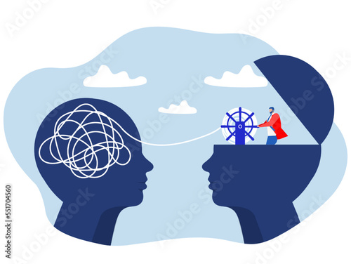 Two human heads silhouette decoding with The opposite mindset chaos and order in thoughts concept. vector illustration