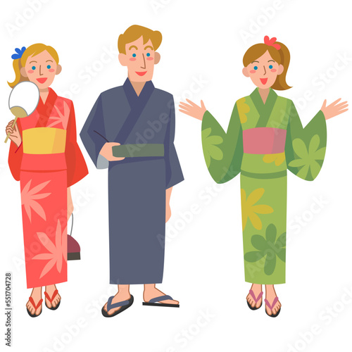 浴衣を着た笑顔の外国人観光客の男女