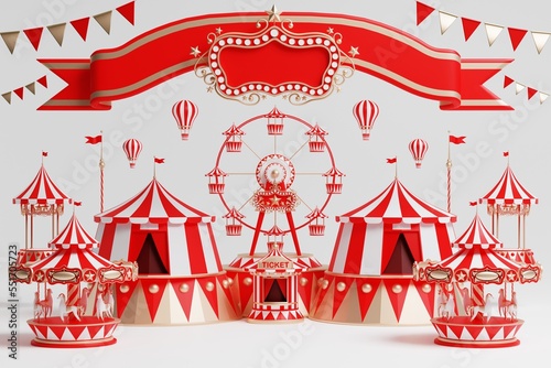 3d amusement park, circus, carnival fair theme podium with many rides and shops circus tent 3d illustration