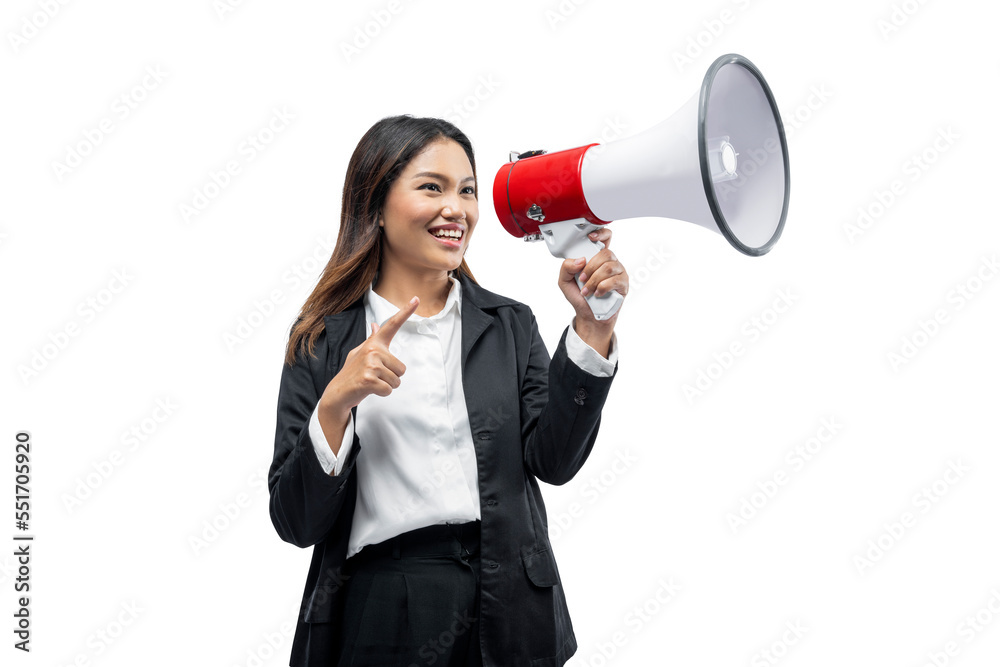 Asian businesswoman talking in megaphone Asian businesswoman talking in megaphone