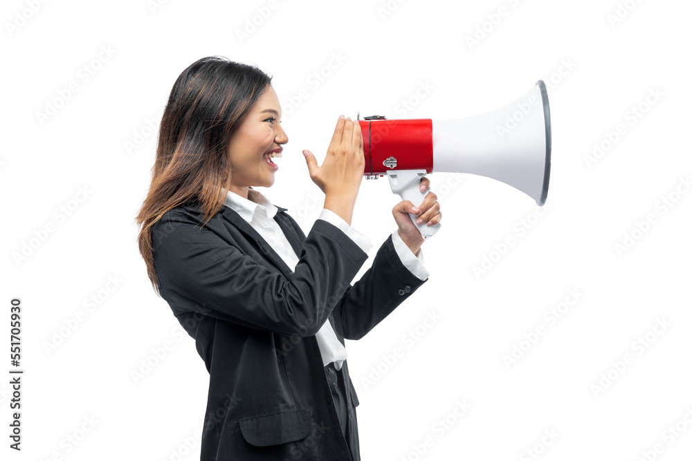 Asian businesswoman talking in megaphone Asian businesswoman talking in megaphone