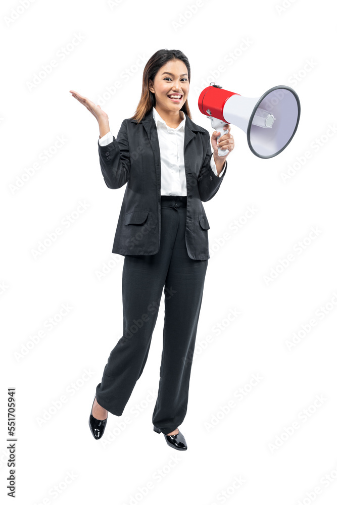 Asian businesswoman talking on a megaphone and showing something on her hand