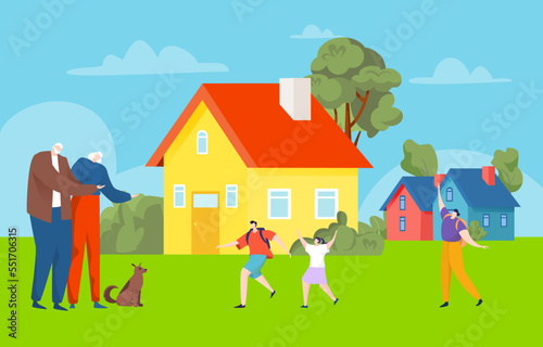 Cheerful happy children time spend with grandparent, outdoor rural countryside house, child funny suburban cottage flat vector illustration.