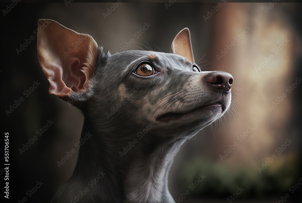 Rat hunting pup in a portrait gazing up outside.. Generative AI