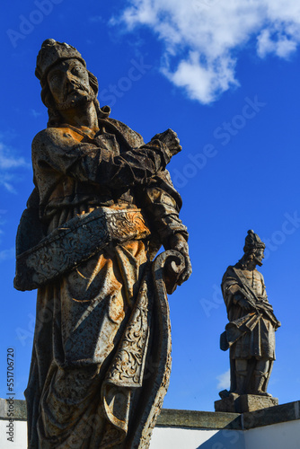 A partial view of the World Heritage-listed Twelve Prophets sculptures by the famous baroque artist Aleijadinho, on the Santuário do Bom Jesus de Matosinhos, Congonhas, Minas Gerais state, Brazil photo