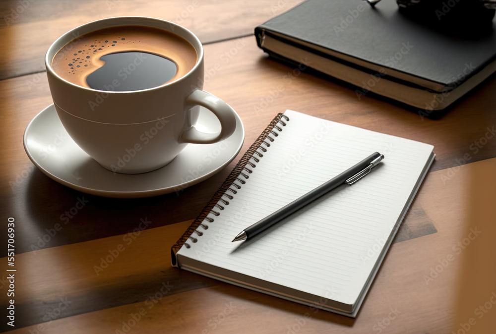 A notebook is open next to stationery on a white table with a device and a coffee cup.. Generative AI A notebook is open next to stationery on a white table with a device and a coffee cup.. Generative AI