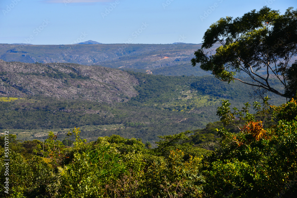 The green and rugged landscape of the Serra do Espinhaço range as seen from the remote village of São Gonçalo do Rio das Pedras, Minas Gerais state, Brazil