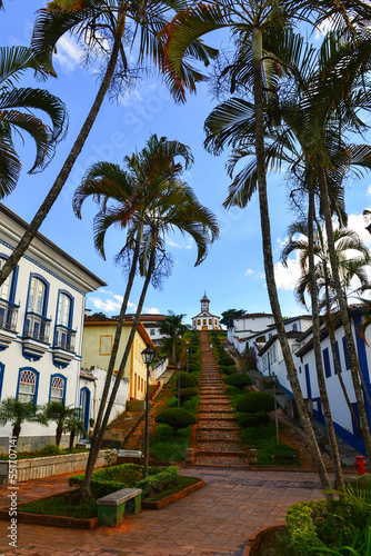 The town square and the Igreja de Santa Rita church at the top of a staircase in historic Serro, a remote colonial gem near Diamantina, Minas Gerais state, Brazil