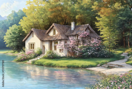 Small cottage by the lake in summer, digital painting scenery