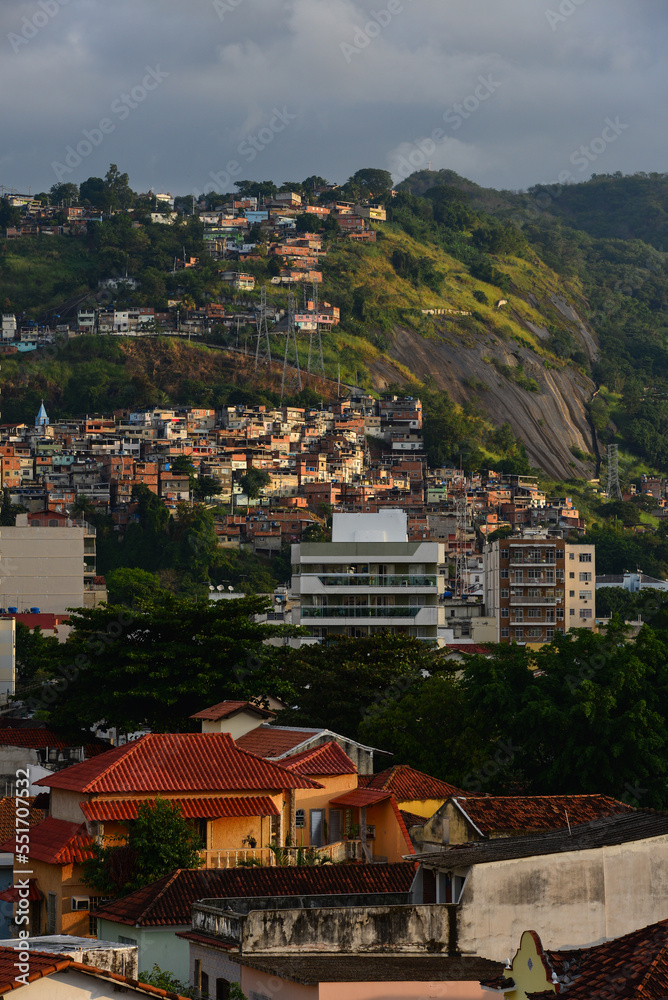 Late afternoon on precariously located favelas and middle class buildings of the Zona Norte, or North Zone, of Rio de Janeiro, Brazil