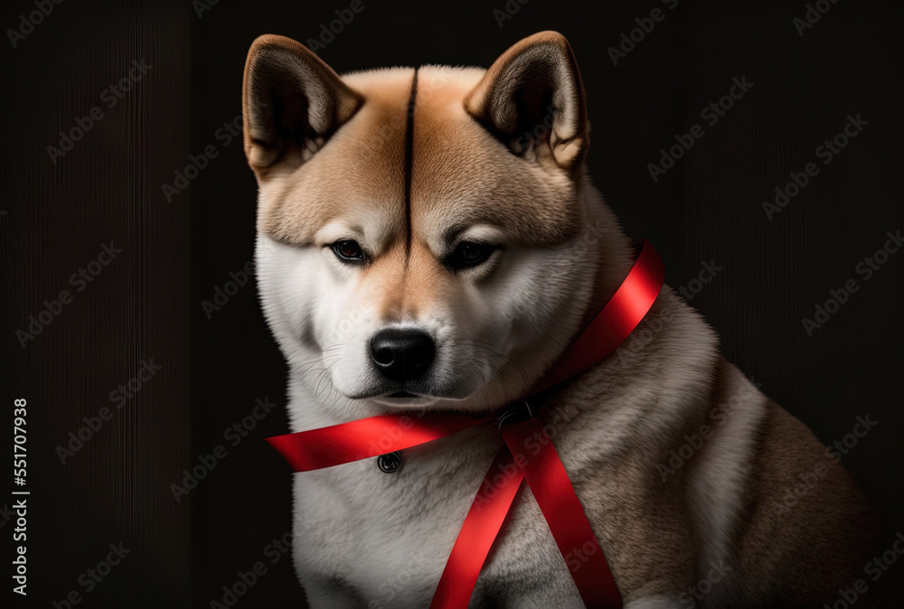 Give an Akita dog a red ribbon for their birthday, the new year, or Christmas. lone against a dark background. Generative AI