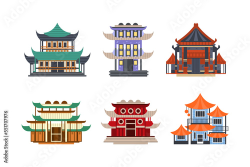 Pagoda as Tiered Tower with Multiple Eaves as Asian Architecture Vector Set