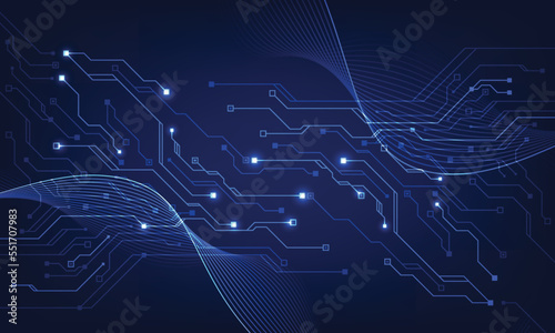 Modern technology circuit board texture background design. Waves flow. Quantum explosion technology. Quantum computer technologies concepts.