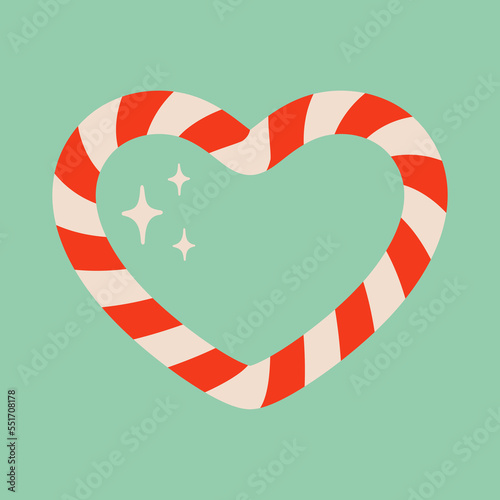 Heart shaped candy cane illustration. Striped Christmas ornament on ice blue background. Great for Christmas or Valentine’s Day design.