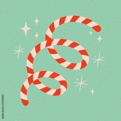 Christmas candy cane illustration. Snowflakes and sparkles. Striped helical shape isolated on blue background. Cute xmas concept, holiday greetings. Great for Christmas and New Year party design.