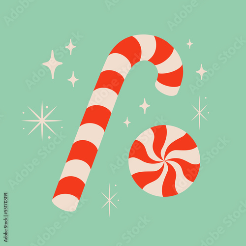 Christmas candy cane and peppermint swirl candy vector illustration on blue background. Cute xmas concept, holiday greetings. Great for Christmas and New Year party design.