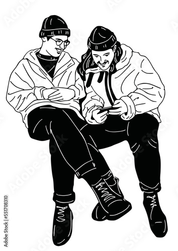 2 men sitting and talking Urban people. Typical art illustration.