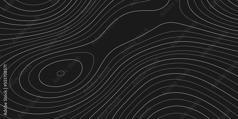 The stylized white and black abstract topographic map contour, lines ...
