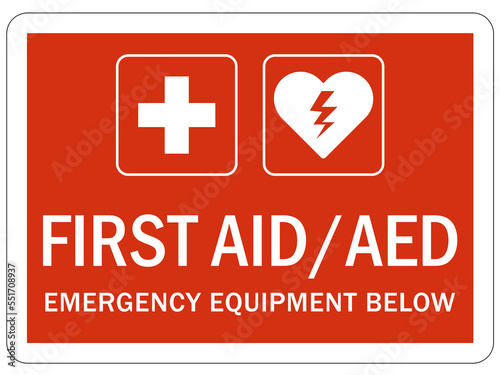 Automated external defibrilator AED emergency aid cpr hearth sign and label