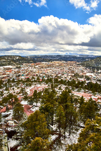 view of rural town on winter, snow covered the mountains, creel chihuahua  © Alex Borderline