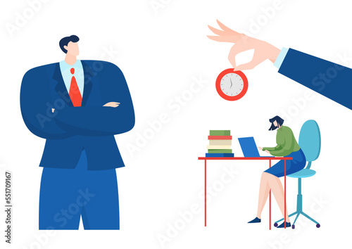 Businessman leader time management control woman character subordinate, hand hold wall clock flat vector illustration, isolated on white.