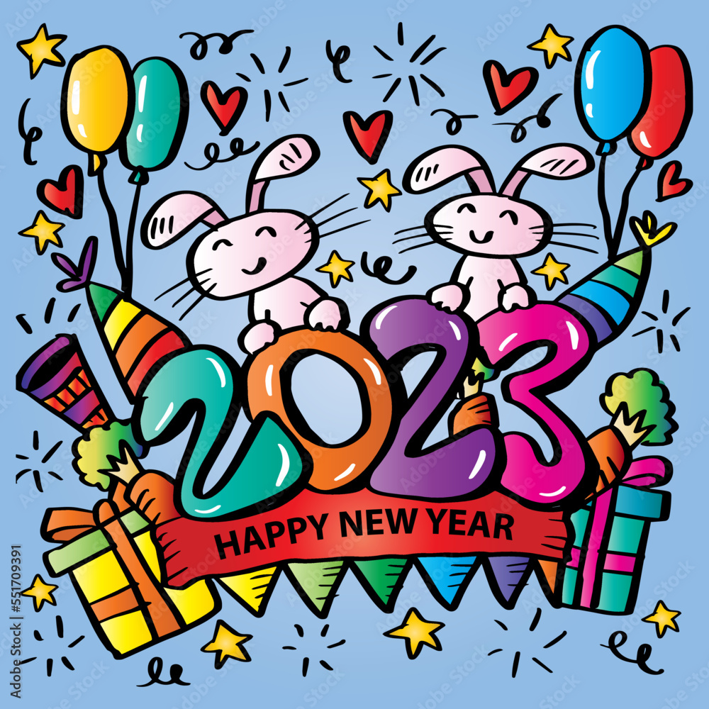 Happy New Year 2023 greeting card with cute rabbit.